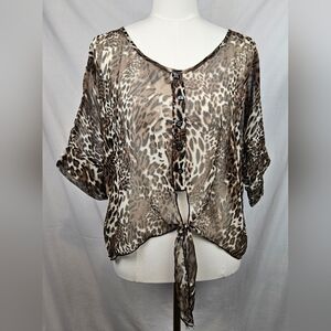 Leopard Print Sheer Mesh Shirt No Size Tie‎ Front Sexy Feminine Rock Punk Grunge